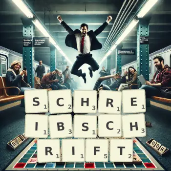 Kreative Illustration für ein Scrabble-Spiel, bei dem das Wort SCHREIBSCHRIFT mit Steinen auf dem Brett gelegt wurde.
