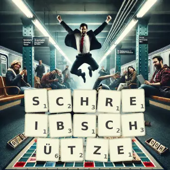 Kreative Illustration für ein Scrabble-Spiel, bei dem das Wort SCHREIBSCHÜTZE mit Steinen auf dem Brett gelegt wurde.