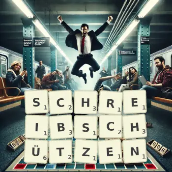Kreative Illustration für ein Scrabble-Spiel, bei dem das Wort SCHREIBSCHÜTZEN mit Steinen auf dem Brett gelegt wurde.