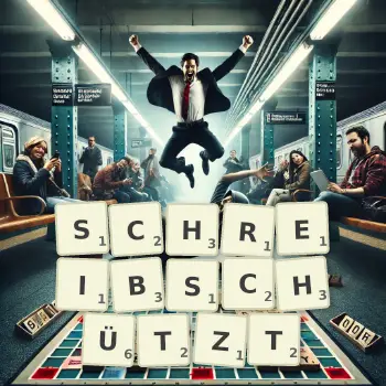 Kreative Illustration für ein Scrabble-Spiel, bei dem das Wort SCHREIBSCHÜTZT mit Steinen auf dem Brett gelegt wurde.