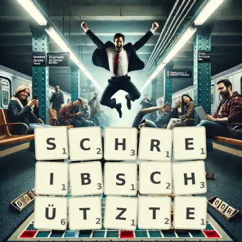 Kreative Illustration für ein Scrabble-Spiel, bei dem das Wort SCHREIBSCHÜTZTE mit Steinen auf dem Brett gelegt wurde.