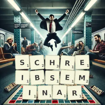 Kreative Illustration für ein Scrabble-Spiel, bei dem das Wort SCHREIBSEMINAR mit Steinen auf dem Brett gelegt wurde.