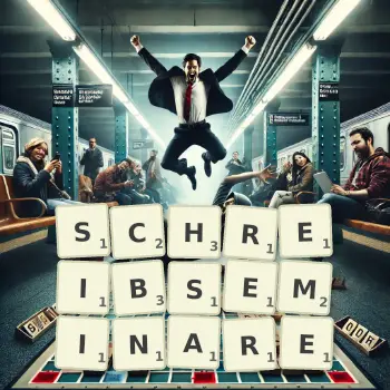 Kreative Illustration für ein Scrabble-Spiel, bei dem das Wort SCHREIBSEMINARE mit Steinen auf dem Brett gelegt wurde.