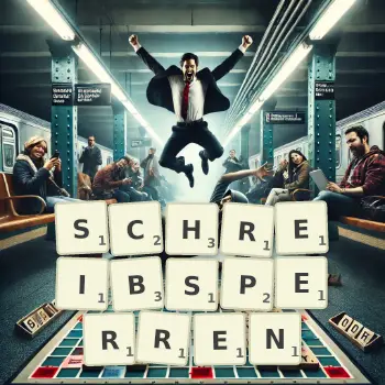 Kreative Illustration für ein Scrabble-Spiel, bei dem das Wort SCHREIBSPERREN mit Steinen auf dem Brett gelegt wurde.