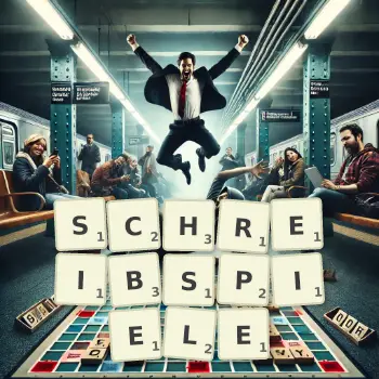 Kreative Illustration für ein Scrabble-Spiel, bei dem das Wort SCHREIBSPIELE mit Steinen auf dem Brett gelegt wurde.