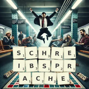 Kreative Illustration für ein Scrabble-Spiel, bei dem das Wort SCHREIBSPRACHE mit Steinen auf dem Brett gelegt wurde.