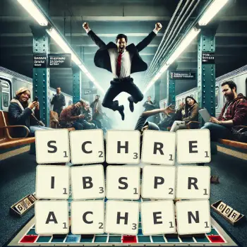 Kreative Illustration für ein Scrabble-Spiel, bei dem das Wort SCHREIBSPRACHEN mit Steinen auf dem Brett gelegt wurde.