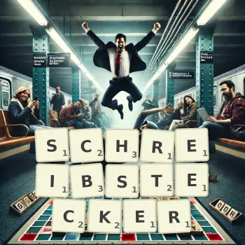 Kreative Illustration für ein Scrabble-Spiel, bei dem das Wort SCHREIBSTECKER mit Steinen auf dem Brett gelegt wurde.