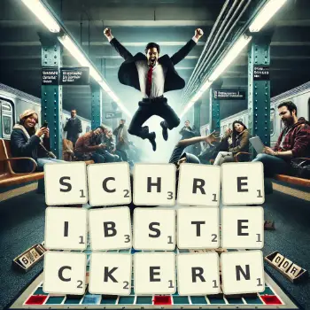 Kreative Illustration für ein Scrabble-Spiel, bei dem das Wort SCHREIBSTECKERN mit Steinen auf dem Brett gelegt wurde.