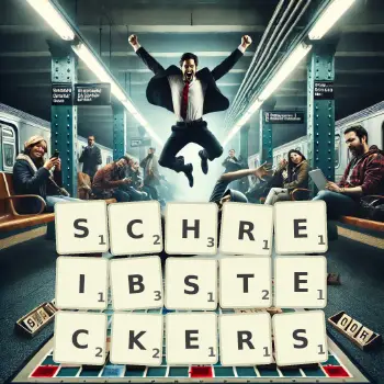 Kreative Illustration für ein Scrabble-Spiel, bei dem das Wort SCHREIBSTECKERS mit Steinen auf dem Brett gelegt wurde.