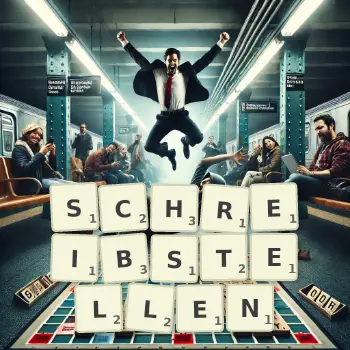 Kreative Illustration für ein Scrabble-Spiel, bei dem das Wort SCHREIBSTELLEN mit Steinen auf dem Brett gelegt wurde.