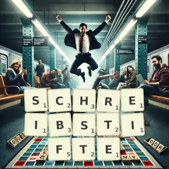 Kreative Illustration für ein Scrabble-Spiel, bei dem das Wort SCHREIBSTIFTE mit Steinen auf dem Brett gelegt wurde.