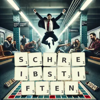 Kreative Illustration für ein Scrabble-Spiel, bei dem das Wort SCHREIBSTIFTEN mit Steinen auf dem Brett gelegt wurde.