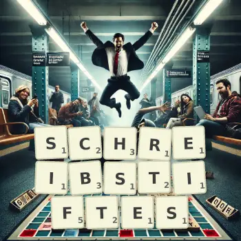 Kreative Illustration für ein Scrabble-Spiel, bei dem das Wort SCHREIBSTIFTES mit Steinen auf dem Brett gelegt wurde.