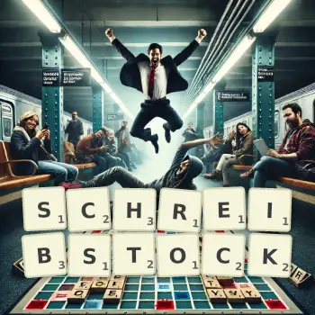 Kreative Illustration für ein Scrabble-Spiel, bei dem das Wort SCHREIBSTOCK mit Steinen auf dem Brett gelegt wurde.