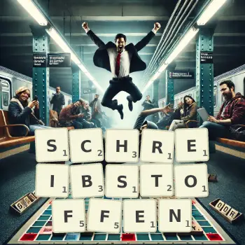 Kreative Illustration für ein Scrabble-Spiel, bei dem das Wort SCHREIBSTOFFEN mit Steinen auf dem Brett gelegt wurde.
