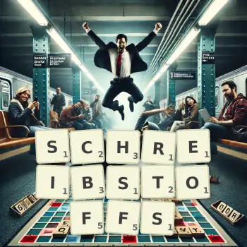 Kreative Illustration für ein Scrabble-Spiel, bei dem das Wort SCHREIBSTOFFS mit Steinen auf dem Brett gelegt wurde.