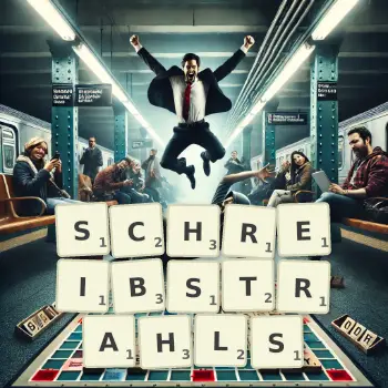 Kreative Illustration für ein Scrabble-Spiel, bei dem das Wort SCHREIBSTRAHLS mit Steinen auf dem Brett gelegt wurde.