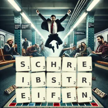 Kreative Illustration für ein Scrabble-Spiel, bei dem das Wort SCHREIBSTREIFEN mit Steinen auf dem Brett gelegt wurde.