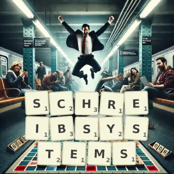 Kreative Illustration für ein Scrabble-Spiel, bei dem das Wort SCHREIBSYSTEMS mit Steinen auf dem Brett gelegt wurde.