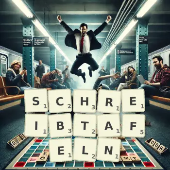Kreative Illustration für ein Scrabble-Spiel, bei dem das Wort SCHREIBTAFELN mit Steinen auf dem Brett gelegt wurde.