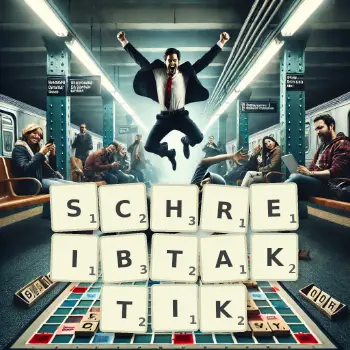 Kreative Illustration für ein Scrabble-Spiel, bei dem das Wort SCHREIBTAKTIK mit Steinen auf dem Brett gelegt wurde.