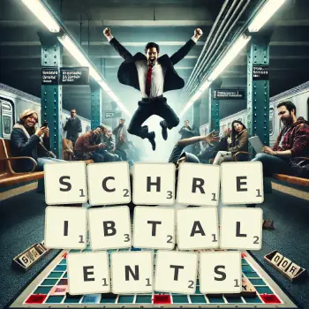 Kreative Illustration für ein Scrabble-Spiel, bei dem das Wort SCHREIBTALENTS mit Steinen auf dem Brett gelegt wurde.