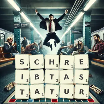 Kreative Illustration für ein Scrabble-Spiel, bei dem das Wort SCHREIBTASTATUR mit Steinen auf dem Brett gelegt wurde.