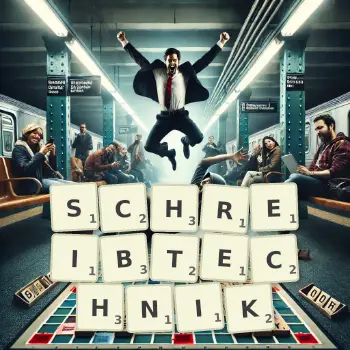 Kreative Illustration für ein Scrabble-Spiel, bei dem das Wort SCHREIBTECHNIK mit Steinen auf dem Brett gelegt wurde.