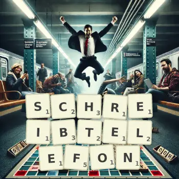Kreative Illustration für ein Scrabble-Spiel, bei dem das Wort SCHREIBTELEFON mit Steinen auf dem Brett gelegt wurde.