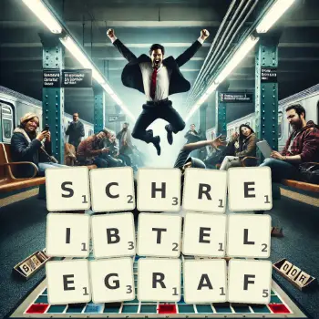 Kreative Illustration für ein Scrabble-Spiel, bei dem das Wort SCHREIBTELEGRAF mit Steinen auf dem Brett gelegt wurde.