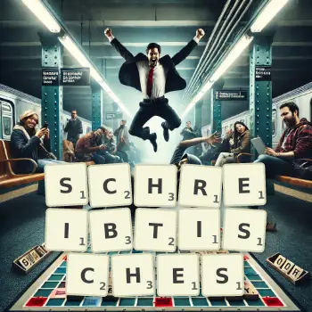 Kreative Illustration für ein Scrabble-Spiel, bei dem das Wort SCHREIBTISCHES mit Steinen auf dem Brett gelegt wurde.