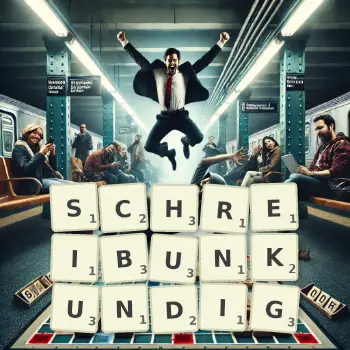 Kreative Illustration für ein Scrabble-Spiel, bei dem das Wort SCHREIBUNKUNDIG mit Steinen auf dem Brett gelegt wurde.