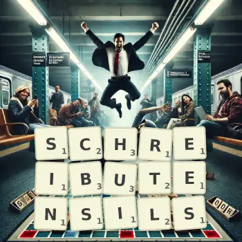 Kreative Illustration für ein Scrabble-Spiel, bei dem das Wort SCHREIBUTENSILS mit Steinen auf dem Brett gelegt wurde.