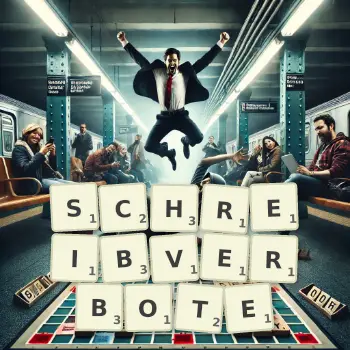 Kreative Illustration für ein Scrabble-Spiel, bei dem das Wort SCHREIBVERBOTE mit Steinen auf dem Brett gelegt wurde.