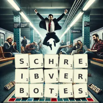Kreative Illustration für ein Scrabble-Spiel, bei dem das Wort SCHREIBVERBOTES mit Steinen auf dem Brett gelegt wurde.
