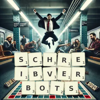 Kreative Illustration für ein Scrabble-Spiel, bei dem das Wort SCHREIBVERBOTS mit Steinen auf dem Brett gelegt wurde.