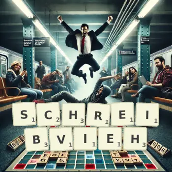 Kreative Illustration für ein Scrabble-Spiel, bei dem das Wort SCHREIBVIEH mit Steinen auf dem Brett gelegt wurde.
