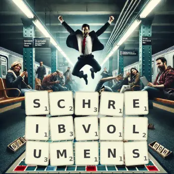 Kreative Illustration für ein Scrabble-Spiel, bei dem das Wort SCHREIBVOLUMENS mit Steinen auf dem Brett gelegt wurde.