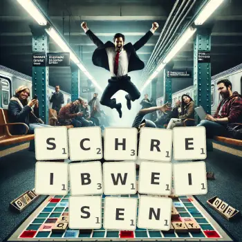 Kreative Illustration für ein Scrabble-Spiel, bei dem das Wort SCHREIBWEISEN mit Steinen auf dem Brett gelegt wurde.