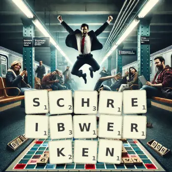Kreative Illustration für ein Scrabble-Spiel, bei dem das Wort SCHREIBWERKEN mit Steinen auf dem Brett gelegt wurde.