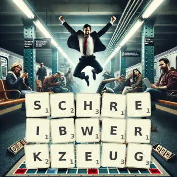 Kreative Illustration für ein Scrabble-Spiel, bei dem das Wort SCHREIBWERKZEUG mit Steinen auf dem Brett gelegt wurde.