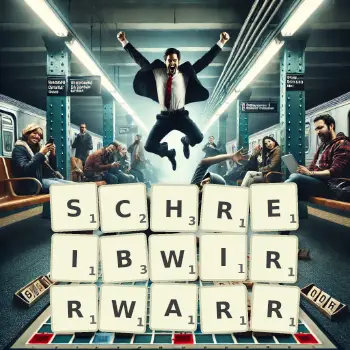 Kreative Illustration für ein Scrabble-Spiel, bei dem das Wort SCHREIBWIRRWARR mit Steinen auf dem Brett gelegt wurde.
