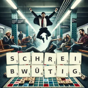 Kreative Illustration für ein Scrabble-Spiel, bei dem das Wort SCHREIBWÜTIG mit Steinen auf dem Brett gelegt wurde.