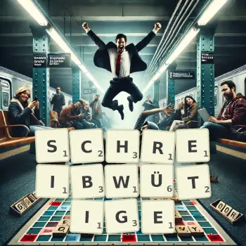 Kreative Illustration für ein Scrabble-Spiel, bei dem das Wort SCHREIBWÜTIGE mit Steinen auf dem Brett gelegt wurde.