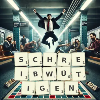 Kreative Illustration für ein Scrabble-Spiel, bei dem das Wort SCHREIBWÜTIGEN mit Steinen auf dem Brett gelegt wurde.
