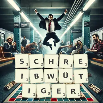 Kreative Illustration für ein Scrabble-Spiel, bei dem das Wort SCHREIBWÜTIGER mit Steinen auf dem Brett gelegt wurde.