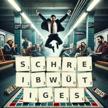 Kreative Illustration für ein Scrabble-Spiel, bei dem das Wort SCHREIBWÜTIGES mit Steinen auf dem Brett gelegt wurde.