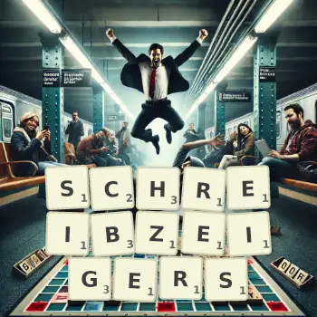 Kreative Illustration für ein Scrabble-Spiel, bei dem das Wort SCHREIBZEIGERS mit Steinen auf dem Brett gelegt wurde.