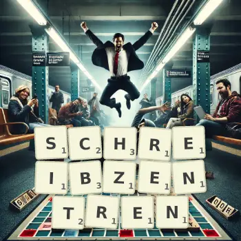 Kreative Illustration für ein Scrabble-Spiel, bei dem das Wort SCHREIBZENTREN mit Steinen auf dem Brett gelegt wurde.